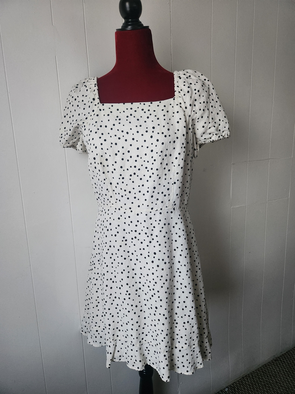 LOFT White Midi Dress with Black Polka Dots Sz 10p Linen Blend